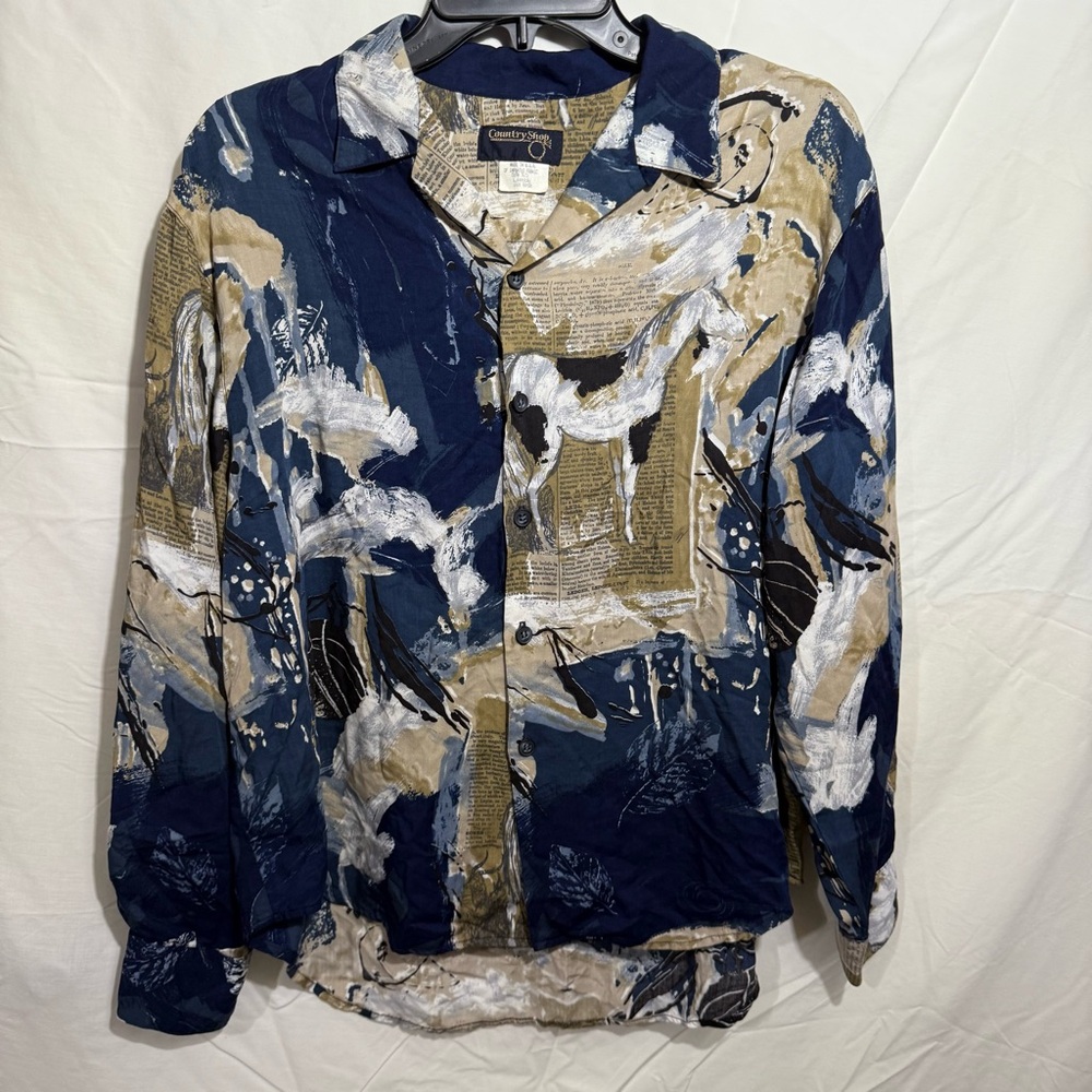 VTG Country Shop Chic Abstract Button Down Shirt Horse Newspaper Sz L 100% Rayon